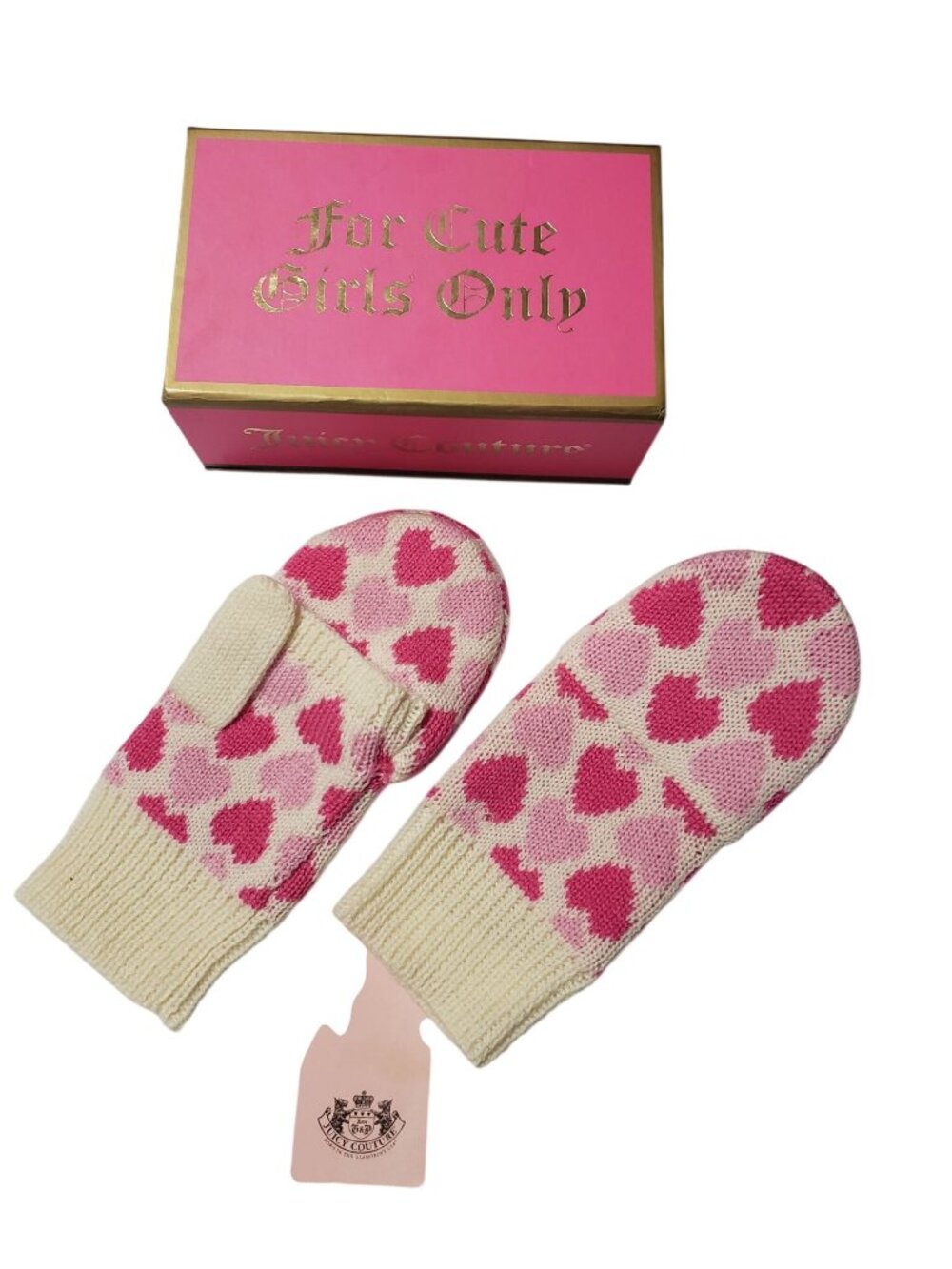 NEW Juicy Couture Girls 100% Merino Wool Mittens Cream Pink Heart Print with Box